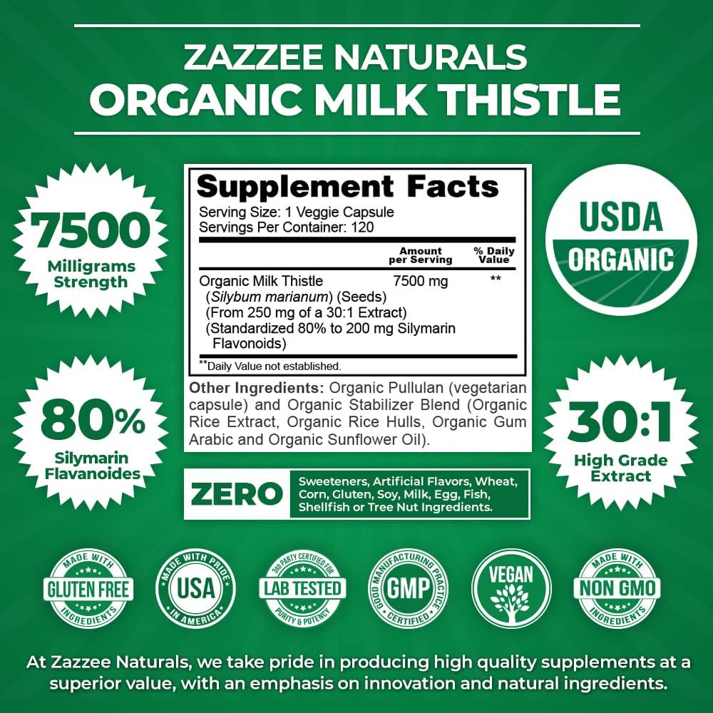 Extracto De Cardo Mariano orgánico Zazzee120 cápsulas 7500 mg - Imagen 7