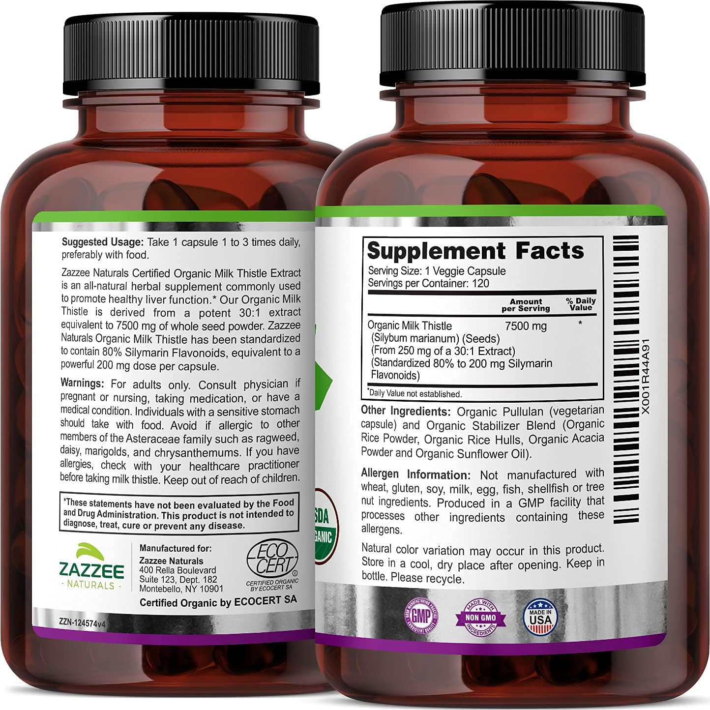 Extracto De Cardo Mariano orgánico Zazzee120 cápsulas 7500 mg - Imagen 2