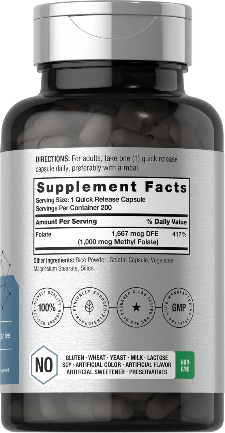 Suplemento Folato De Metilo 5-MTHF 1000 Mcg 200 Capsulas – Biogate Argentina