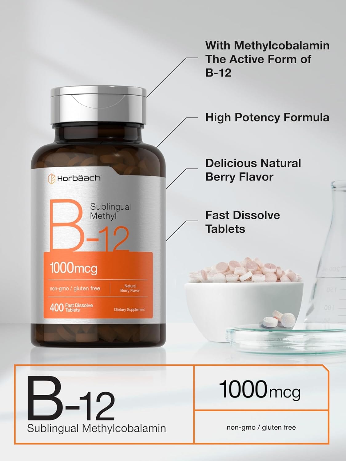 Suplemento Vitamina B12 Sublingual 1000 mcg 400 Capsulas Horbaach - Imagen 4