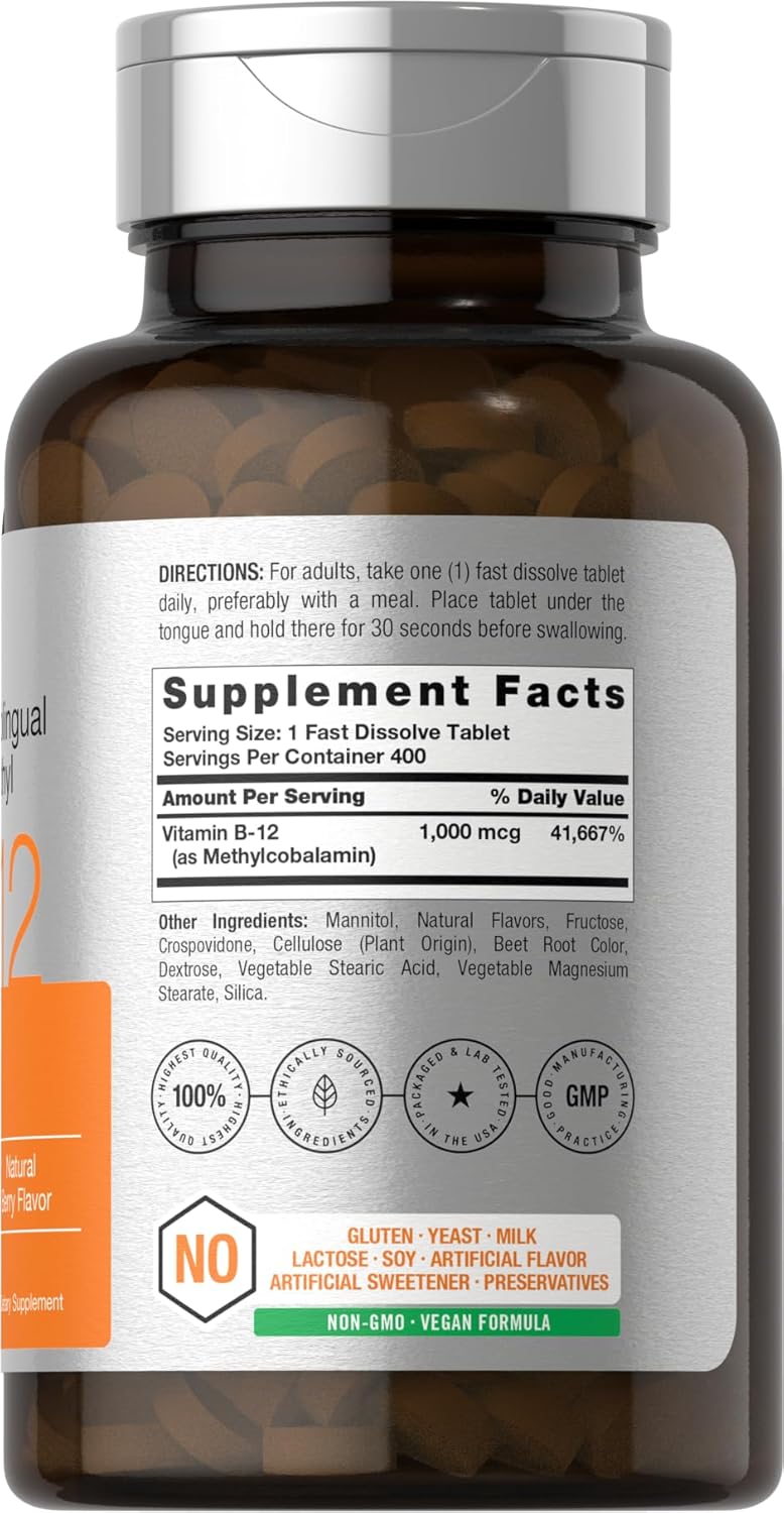 Suplemento Vitamina B12 Sublingual 1000 mcg 400 Capsulas Horbaach - Imagen 3