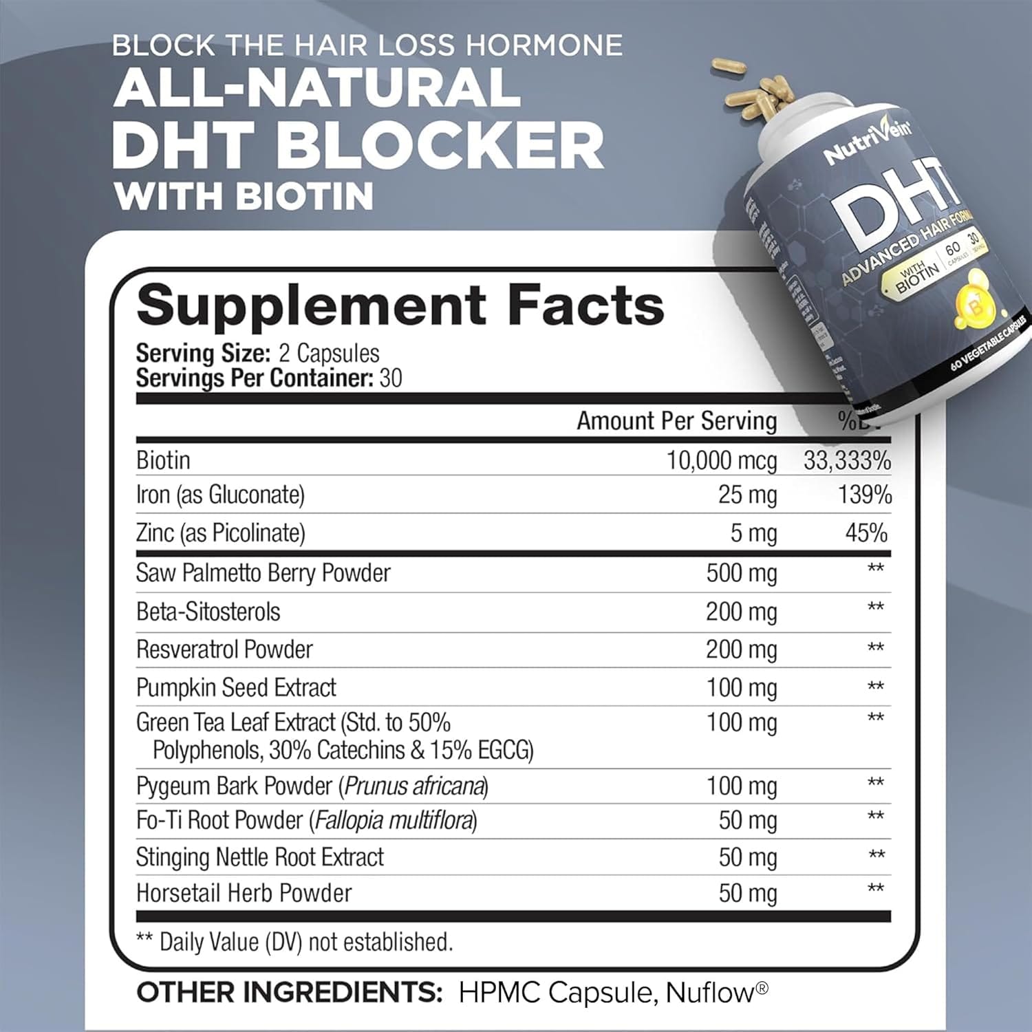 Suplemento Bloqueador DHT Nutrivein Con Biotina Crecimiento De Cabello 60 Capsulas – Biogate Argentina