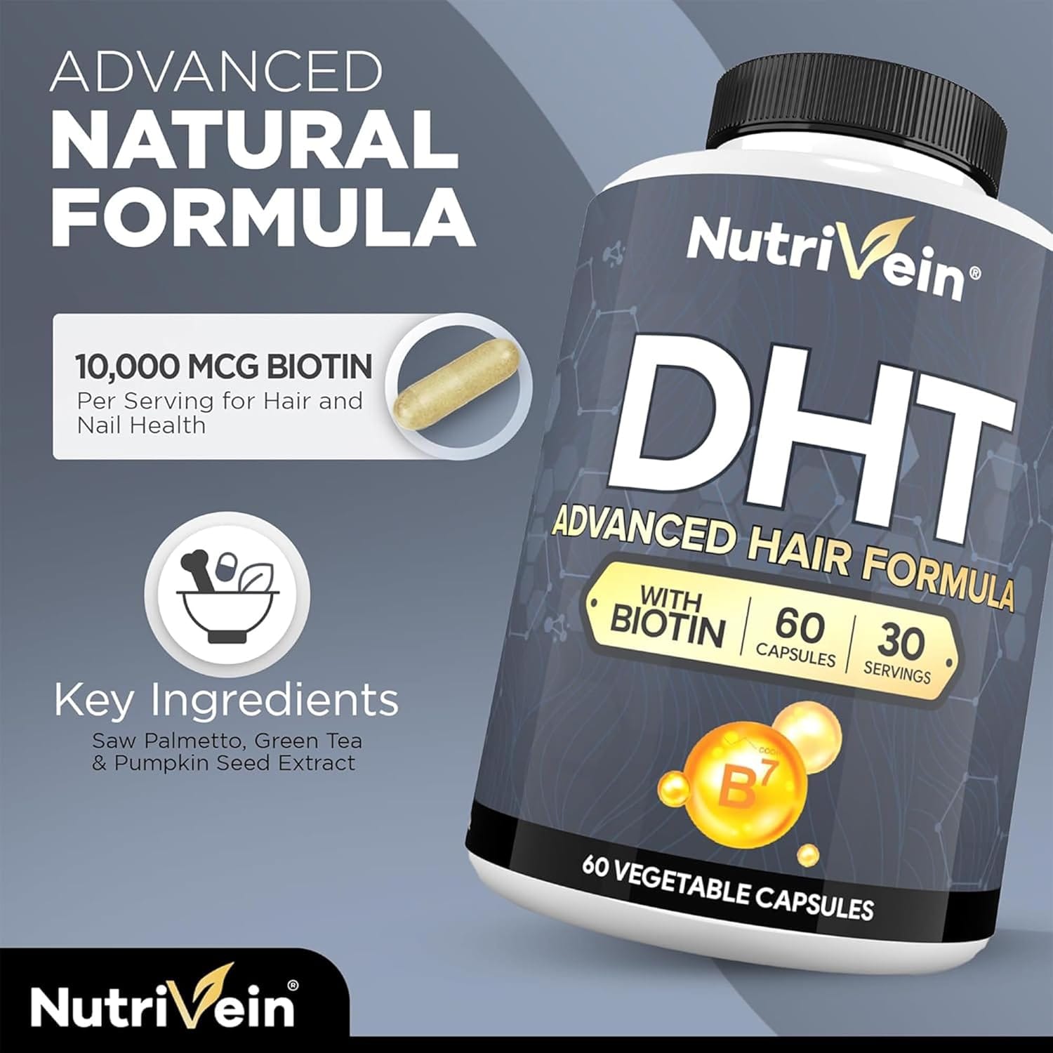 Suplemento Bloqueador DHT Nutrivein Con Biotina Crecimiento De Cabello 60 Capsulas – Biogate Argentina