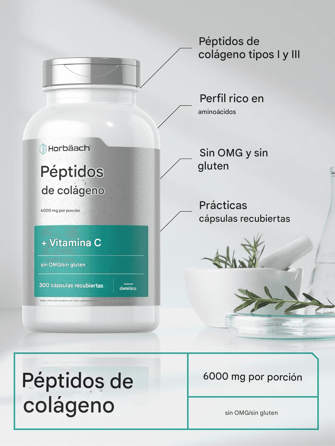 Péptidos de Colágeno de 6000 mg 300 cápsulas Horbaach - Imagen 4