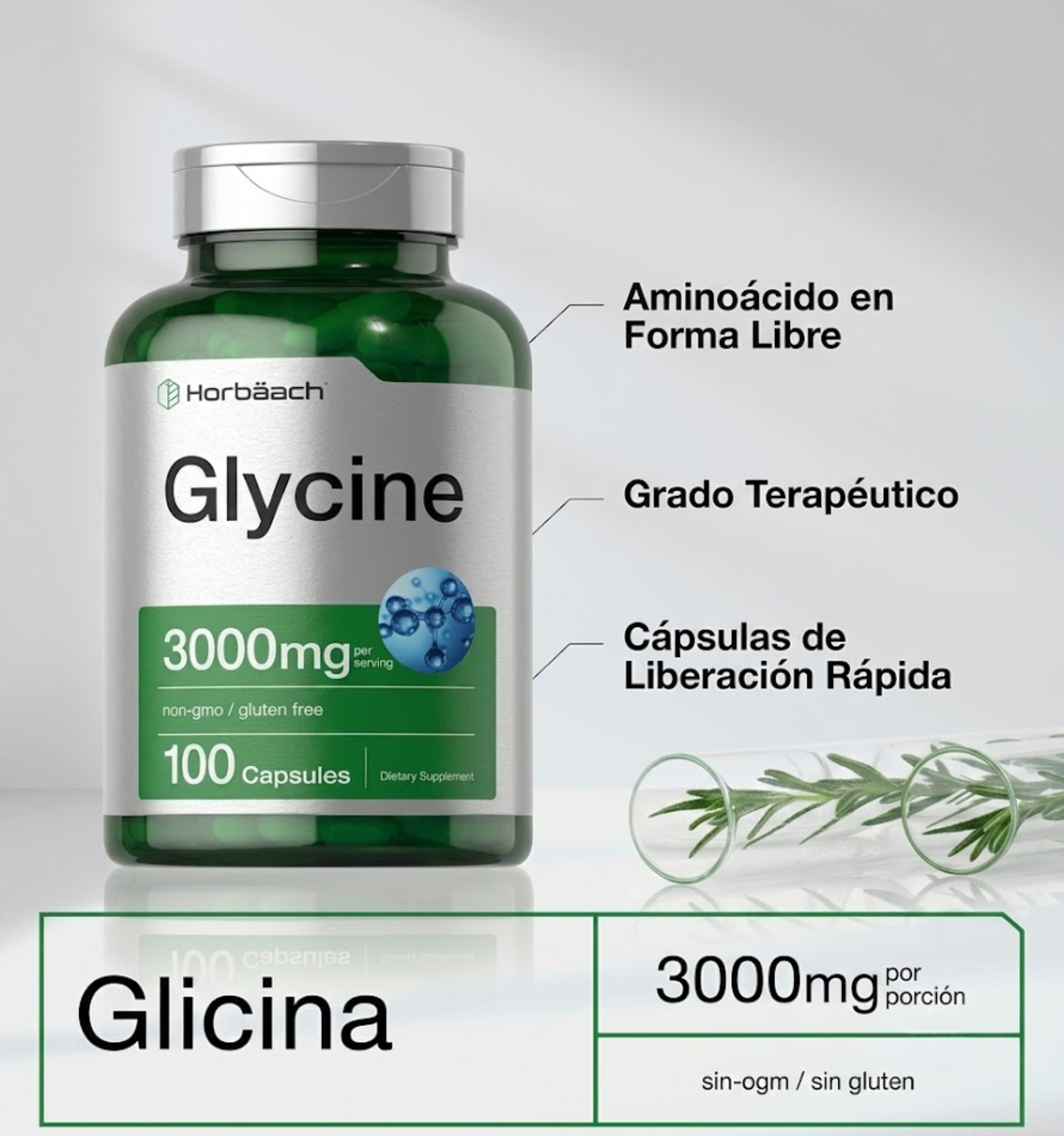 Horbäach Glicina de 3000 mg 100 cápsulas - Image 4