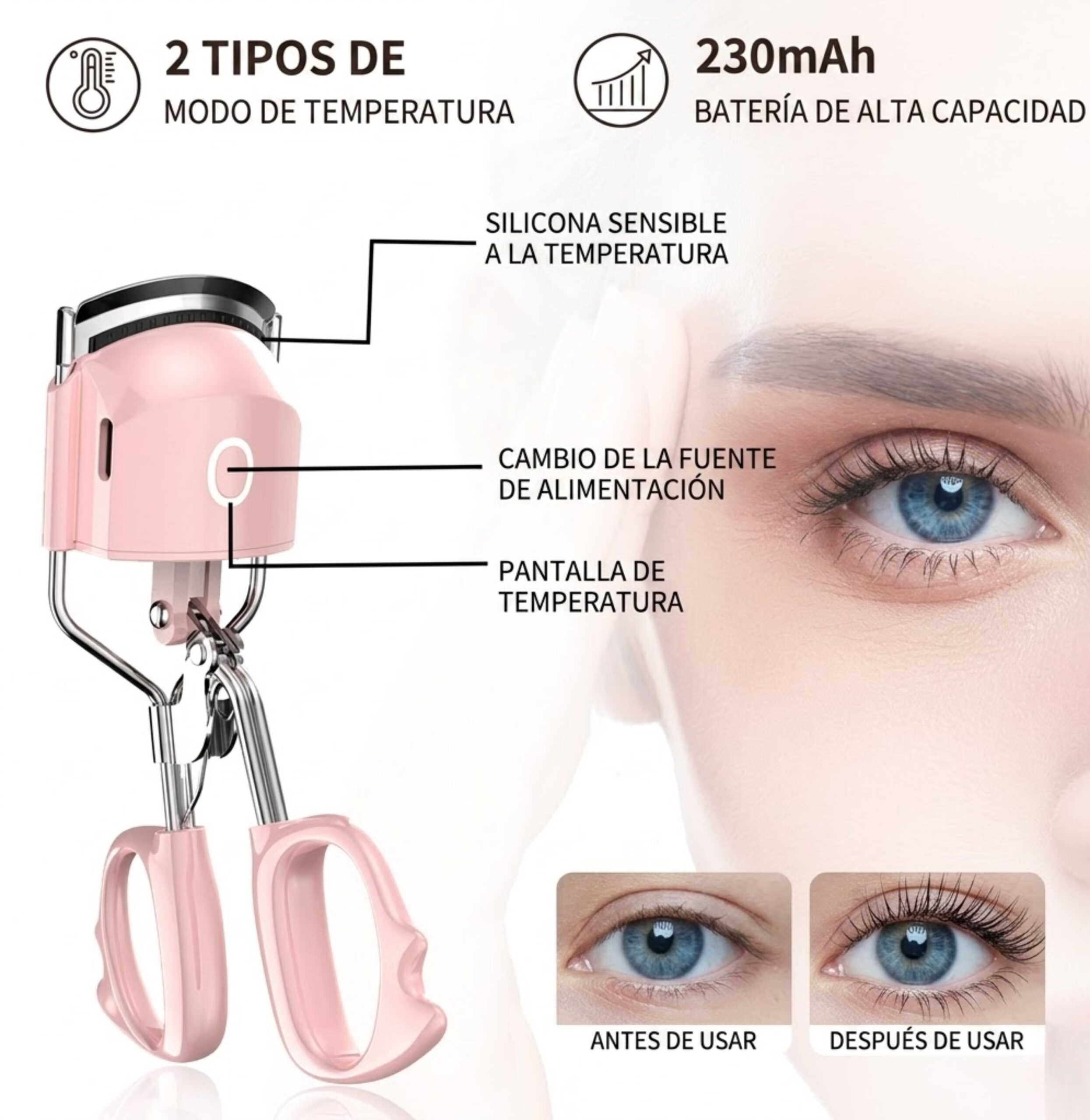 Rizador De Pestañas Térmico Recargable Usb Portátil Blanco - Imagen 3